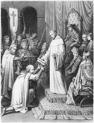 Der heilige Bernhard, Abt von Clairvaux, übergibt den Templern ihre Regeln