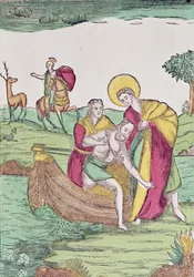 St. Julian der Gastfreundliche hilft einem Reisenden über einen Fluss
