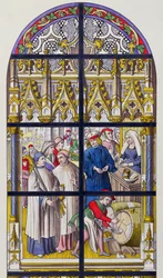 Buntglas aus der Kathedrale von Tournai, das die von den Bischöfen von Tournai erhobenen Steuern auf Bier und Wein darstellt