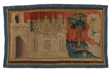 Wandteppichfragment, das eine gotische Kirche in einer Landschaft darstellt, aus der Apokalypse von Angers