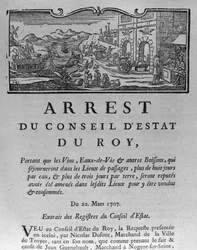Steueramt am Stadteingang für Weine und Spirituosen, Dekret des Staatsrats vom 22. März 1707, aus den Registern des Staatsrats von Paris, 1739