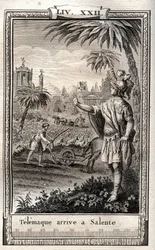Telemach kehrt nach Salente (Salento) zurück - Gravur von 1798 in „Les Aventures de Télémaque, fils d
