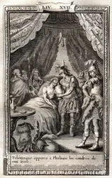 Telemachus kümmert sich um die Wunden von Phalante und bringt ihm die Asche seines Bruders - Gravur von 1798 nach Monnet in „Les Aventures de Télémaque, fils d