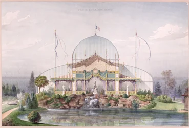Zelt und großes Gewächshaus im Garten der Weltausstellung in Paris 1867