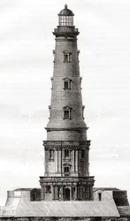 Der Leuchtturm von Cordouan aus dem 17. Jahrhundert, nahe der Mündung der Gironde-Mündung in Frankreich, hier nach seiner Erweiterung im 18. Jahrhundert, aus Les Merveilles de la Science, veröffentlicht um 1870 (Gravur)