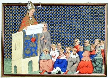 Der Erzbischof von Canterbury predigt dem englischen Adel gegen Richard II., Faksimile-Kopie aus Le Prinse et Mort du Roy Richart von Jean Creton, nachgedruckt im 19. Jahrhundert