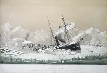 Der österreichische Schraubendampfer Tegetthof im Eis steckend und von Eisbären angegriffen während der Nordpolexpedition 1872-4