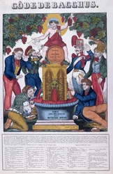 Der Bacchus-Code, alle unangenehmen Menschen sind Wassertrinker, Karikatur über Alkoholismus, Imagerie de Metz, um 1840