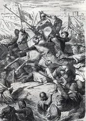 Die Schlacht von Kortrijk (Schlacht der Goldenen Sporen) zwischen dem König von Frankreich und der flämischen Gemeindemiliz am 11. Juli