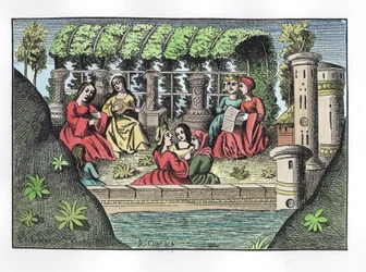 Das Schloss von Alamond und seine Verzauberungen, aus Die Reisen des Marco Polo, kopiert von Albert Coinchon (spätere Kolorierung)