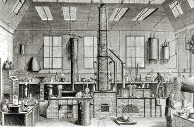 Das Chemielabor einer Schule in Paris, aus Almanach du Magasin Pittoresque, 1870