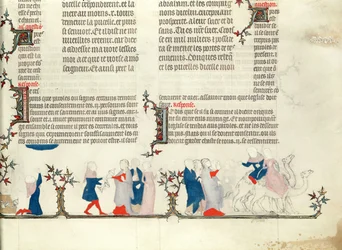 Die Abreise von Rebecca mit Eliezer, aus der Bibel von Jean de Sy, ca. 1355