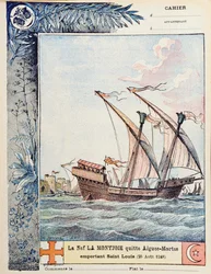Die Abreise von Saint Louis auf seinem Schiff Montjoie von Aigues-Mortes am 25. August 1248, Titelbild eines Schulheftes, ca. 1900