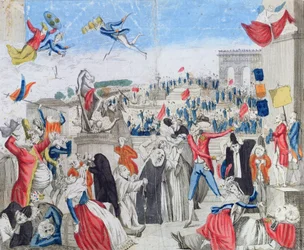 Die verzweifelten Aristokraten beobachten das Fete de la Federation auf dem Champs de Mars, 14. Juli 1790, ca. 1790