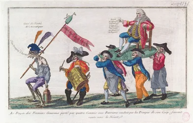 Der Dekan der Fermiers Generaux wird von seinen Wachen in Richtung Nichts getragen, 1791