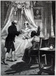 Die Herzogin von Berry (Marie Caroline, Prinzessin der beiden Sizilien, Herzogin von Berry (1798-1870) in der Festung Blay empfängt Doktor Louis Charles Deneux (1767-1846) - Gravur