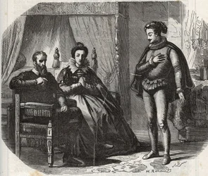 Die Herzogin von Cleves, Mary von Julich Herzogin von Jülich und Berg (1491-1543), erfährt von der Auflösung der Ehe zwischen ihrer Tochter, Anne von Cleves (1515-1557), und dem König von England Heinrich VIII. (1491-1547) im Jahr 1540. Gravur von 1871 in 