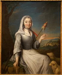 Die Herzogin von Villars (?) in einer Bergère, die eine Rohrkolben hält. Französisches Gemälde, Öl auf Leinwand, 80 x 63,6 cm, erste Hälfte des 18. Jahrhunderts. Musée de Tessé, Le Mans.