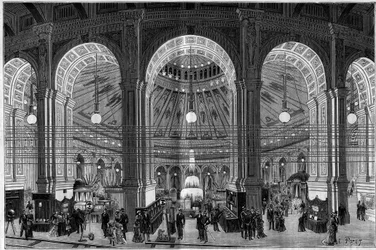 Die Elektrizitätsausstellung in Wien (Österreich), ein Überblick über die große Rotunde, die von elektrischem Licht beleuchtet wird. (La Nature. Revue des sciences et de ses applications aux arts et à l