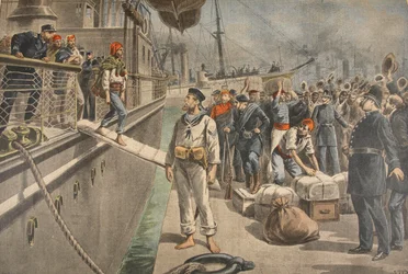Die ersten Gefangenen in Key West während des Spanisch-Amerikanischen Krieges, Illustration aus Le Petit Journal: Supplement illustre, 8. Mai 1898