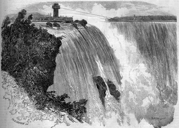 Der französische Akrobat Blondin (Jean Francois Gravelet, genannt) (1824-1897) überquert die Niagarafälle. Nach einer Skizze von Herrn Philibert. Gravur in „Le Monde Illustré“ Nr. 127 vom 17. September 1859