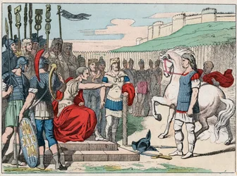 Der gallische Anführer Vercingetorix (80-46 v. Chr.) begibt sich 52 v. Chr. bei Alesia zu Julius Cäsar (100-44 v. Chr.) - Vercingetorix (72-46 v. Chr.), gallischer Anführer, ergibt sich Cäsar bei Alesia (Frankreich) - Stich vom Ende des 19. Jahrhunderts