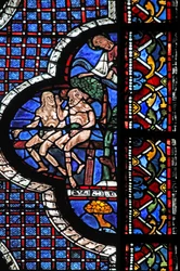 Das Fenster des barmherzigen Samariters: Gott ruft Adam und Eva (mit Feigenblättern)