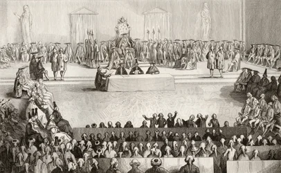 Die Nationalversammlung während der Herrschaft Ludwigs XVI. (1754-93), aus „Geschichte Frankreichs“ von Colart, veröffentlicht um 1840