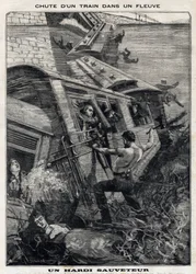 Der New York Buffalo Zug stürzt in einen Fluss in den USA: Ein Mann versucht, Passagiere vor dem Ertrinken zu retten. In Le Petit Parisien am 7.11.1897. Private Sammlung