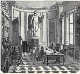 Die Medizinische Fakultät von Paris - eine Prüfung im Instrumentenraum - Gravur in „Tableau-de-Paris“ von Edmond Texier 1852