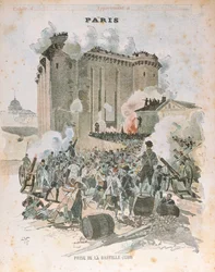 Die Belagerung und Eroberung der Bastille am 14. Juli 1789, Titelillustration eines Schulheftes, ca. 1889