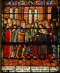 Das Fenster des Heiligen Ludwig: Der Kaiser bietet Reliquien der Leidenswerkzeuge an