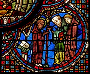 Das St. Lubin Fenster: Seine Meditationen werden von zwei Mönchen unterbrochen