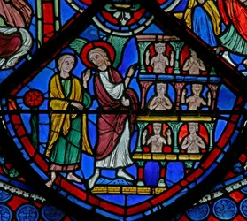 Das St. Thomas Fenster: Gad wird von einem Engel ein Palast gezeigt