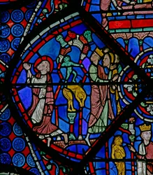 Das St. Thomas Fenster: Während er betet, zerbricht ein Dämon heidnische Statuen