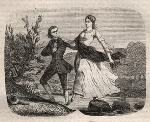 Der Schweizer Philosoph Jean Jacques (Jean-Jacques) Rousseau (1712-1778) half Mademoiselle Galley, einen Bach zu überqueren. Gravur von 1871 in „Histoire Des Cocus Celebres“ von Henry de Kock (1819-1892)