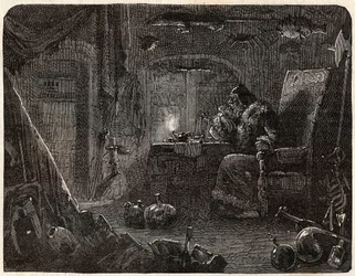 Der Alchemist, der versprach, Gold zu machen, arbeitet in seinem Labor: der Alchemist im 17. Jahrhundert - in „Paris a travers les siecles“ von Nicolas Jules Henri Gourdon de Genouillac