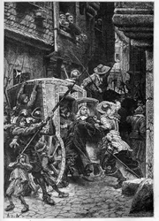 Die Verhaftung von Pierre Broussel (1575-1654) im Jahr 1648 auf Befehl von Anna von Österreich (1601-1666), was den Aufruhr des Volkes (Barrikadentage) und die Fronde auslöste