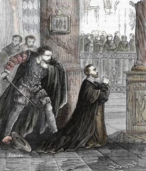 Die Ermordung des Inquisitors Pedro de Arbués (1441-1485) am 17/09/1485 in der Kathedrale von Saragossa in Spanien (Der Amtsträger der spanischen Inquisition Pedro de Arbués, 1485 in der Kathedrale La Seo von Saragossa bei einem angeblichen Komplott von