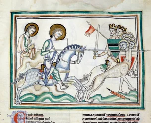 Der Kampf mit dem Drachen mit sieben Köpfen: Ritter kämpfen mit Speeren gegen einen Drachen mit mehreren Köpfen, der die sieben Könige verkörpert. Miniatur aus der Apokalypse von Cambrai, illuminiert von der französischen Schule des 13. Jahrhunderts. Ms. 4