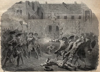 Der Bandit Louis Dominique Garthausen genannt Cartouche (1693-1721) und seine Gefährten, die das Hotel Desmaretz in Paris ausrauben wollen, werden überrascht und von den Bogenschützen angegriffen. Nach einem heftigen Kampf fliehen sie über die Dächer - Fra