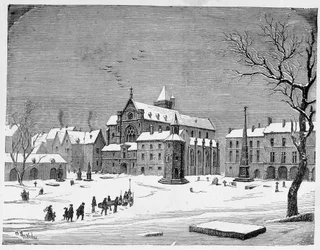 Die Kirche des Friedhofs der Unschuldigen im Jahr 1445 - in „Paris through the centuries“ von H. Gourdon de Kenouillac