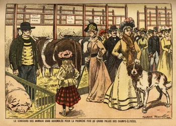 Der Wettbewerb der fetten Tiere aus den Familien der Rinder, Schafe, Schweine und anderer, versammelt und ausgestellt zum ersten Mal in der großen Halle des Grand Palais des Champs Elysees; diese Ausstellung präsentiert gleichzeitig kulinarische Spezialitä