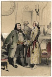 Der Komponist Joseph Haydn empfängt einen Mann, der ihn bittet, ein Menuett für die Hochzeit seiner Tochter zu komponieren. Platte aus „Scenes de la vie des hommes famous“ Gravur in zwei Farben von Valerio. 1843