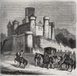 Der Zug von Rigonde (Rigonthe) (um 569-nach 589) verlässt Paris, um zu ihrem Verlobten, Prinz Recarede, zu gehen. Gravur von 1871 in „Histoire Des Cocus Célèbres“ von Henry de Kock (1819-1892).