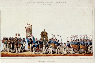 Der Tanz der Brauer und Küfer während des industriellen Umzugs in Straßburg am 25.06.1840. Lithographie von Simon