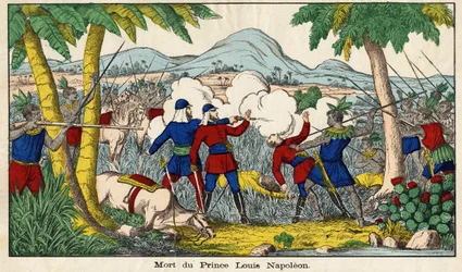 Der Tod von Prinz Eugen Louis Napoleon am 1. Juni 1879, kaiserlicher Prinz (23 Jahre alt), einziger Sohn des ehemaligen Kaisers Napoleon III. und seiner Frau. Epinal-Bild 19. Jahrhundert