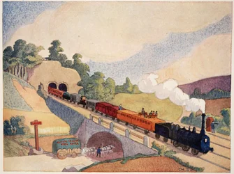 Die erste Eisenbahn von Paris nach Rouen, Kopie einer Briefmarke von 1837, von M. Charles Sanlaville, Illustration aus Histoire de la Nation Francaise, von Gabriel Hanotaux, 1924