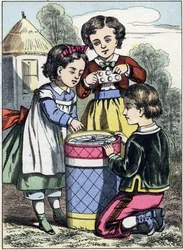 Das Spiel der Makronen. Gravur aus dem Bilderalbum „Die Spiele der Kindheit“. Epinaler Bildgebung, Ende des 19. Jahrhunderts. 32 Seiten