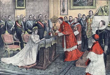 Die goldene Rose wird der Königin von Spanien von Monsignore Tedeschini überreicht